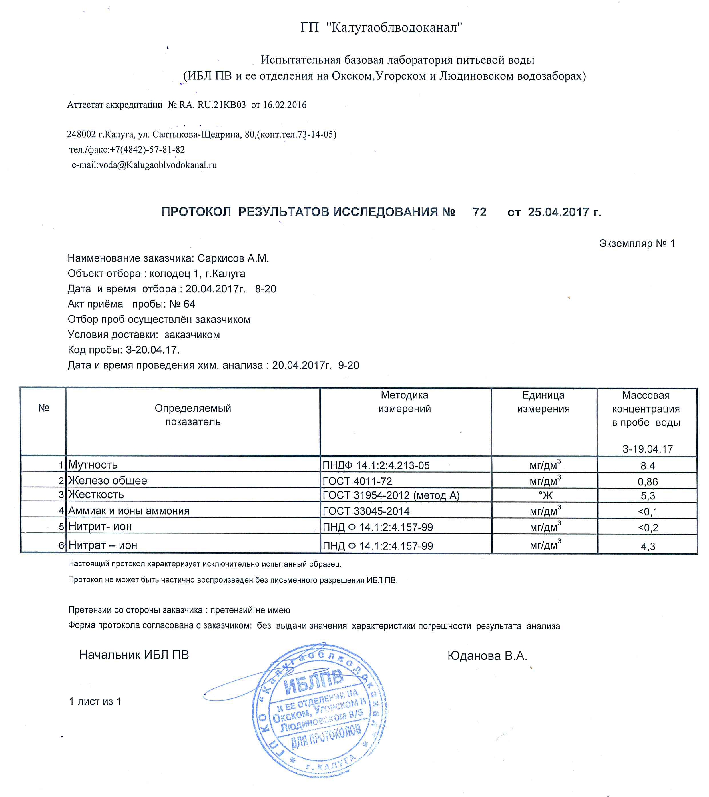 Новости » Питьевая вода по ул. Суворова, 147 в Калуге соответствует нормам  СанПиН. ГП 